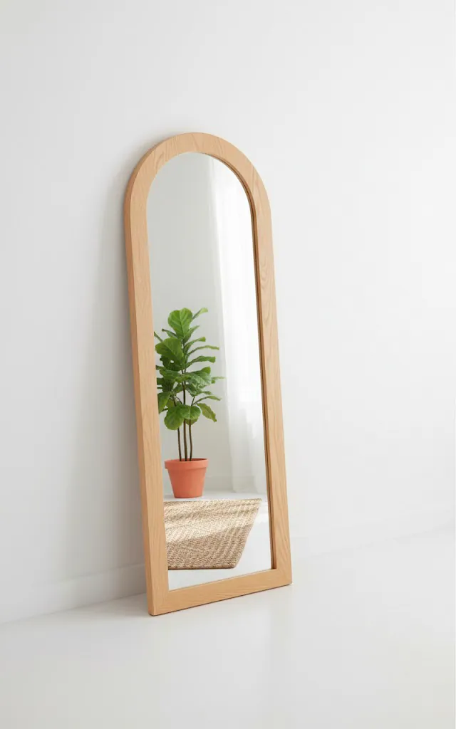 10 a full length arched floor mirror with a light wood frame leaning against a white wall a woven rug and a 01 filled 640x1024