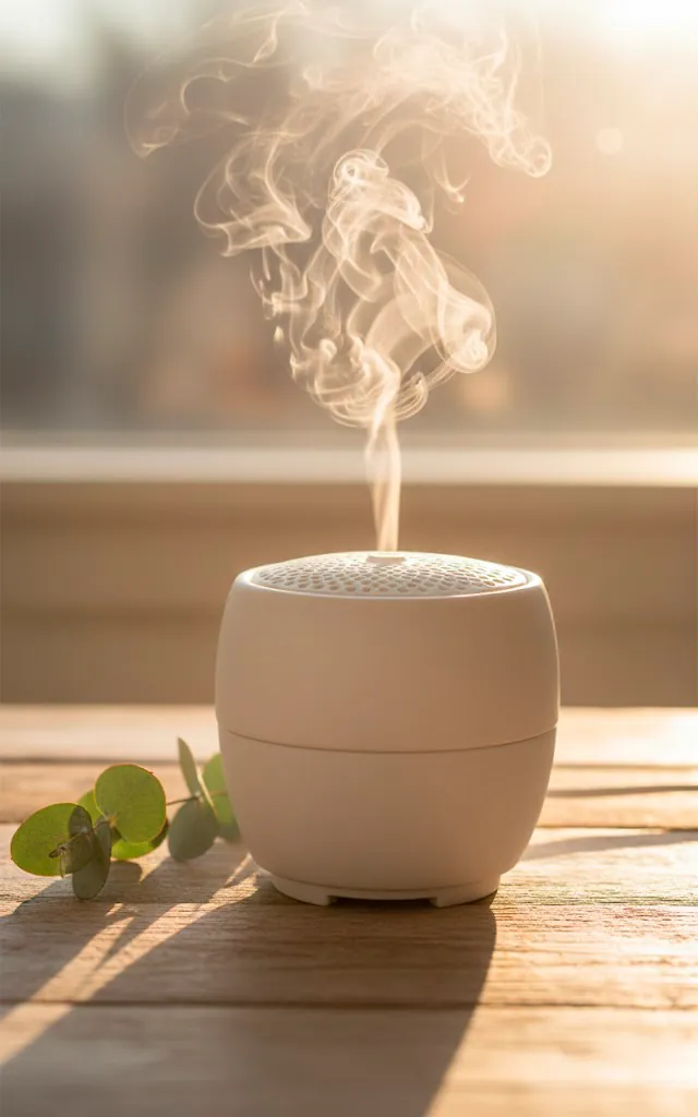 11 a close up of a white ceramic stone essential oil diffuser on a wooden surface a stream of mist is risin 01 filled 640x1024