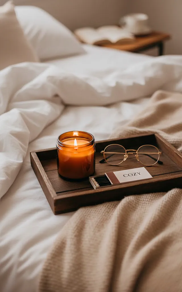 12 a styled tray on a bed containing a lit candle in an amber glass jar a matchbook and a pair of reading g 01 filled 640x1024