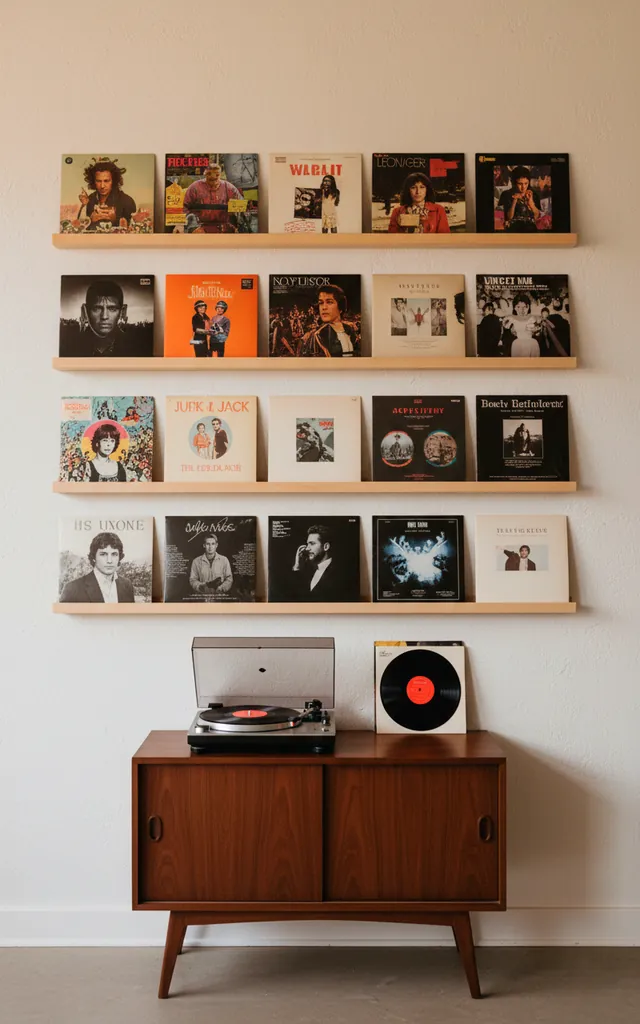 13 a wall featuring a collection of vinyl records displayed on floating wooden shelves below the records is 01 filled 640x1024