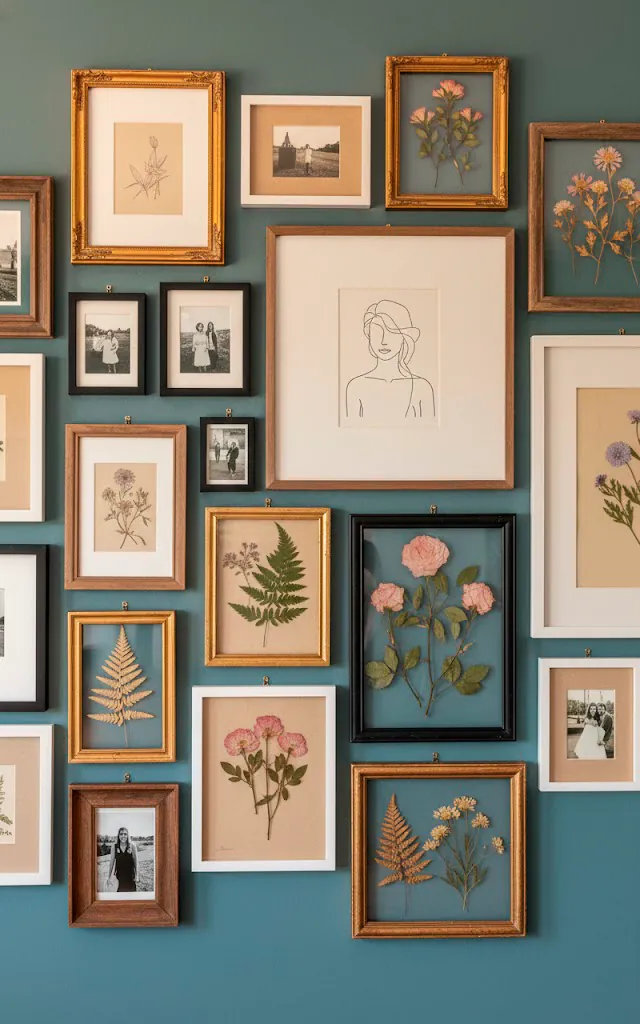 14 an eclectic gallery wall with mismatched frames gold wood black the art includes a mix of personal photo 01 filled 640x1024