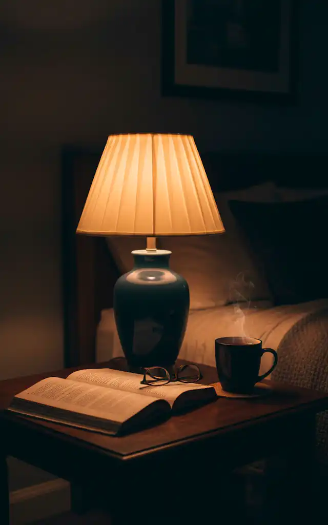 1 a bedside table scene at night a ceramic lamp with a pleated fabric shade casts a warm yellow glow next t 01 filled