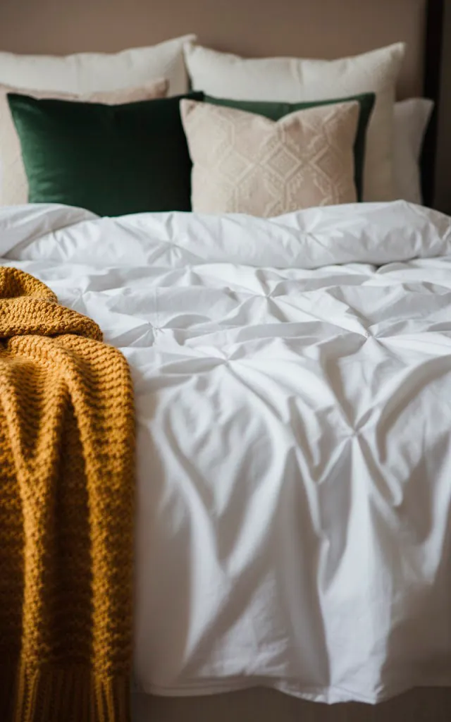1 a close up of a rumpled bed the focus is on a textured tufted white duvet cover a chunky knit mustard yel 01 filled 640x1024