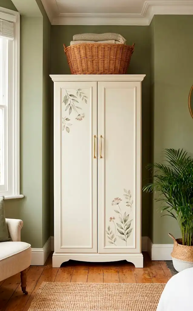 1 a full vertical shot of a diy upcycled wardrobe in a bedroom setting the wardrobe is painted creamy white 01 filled