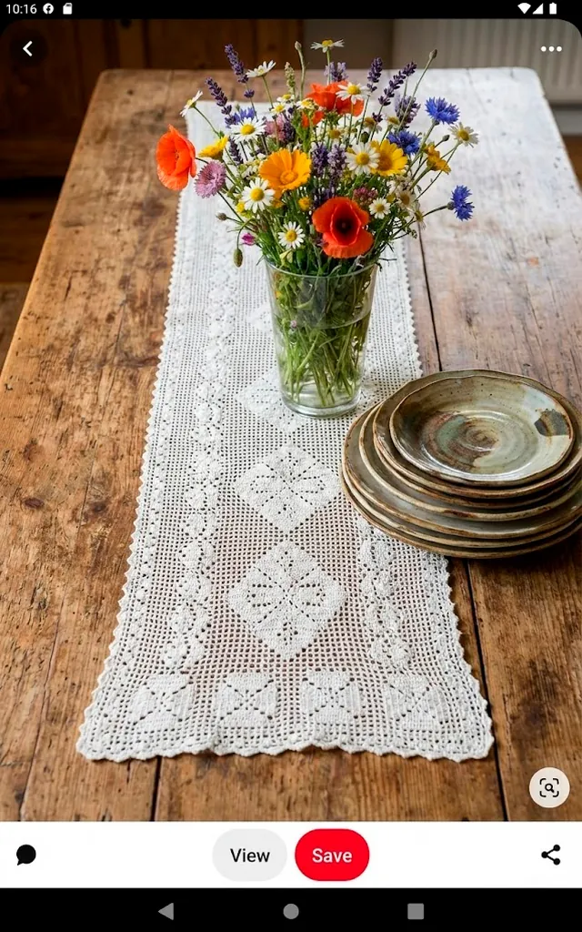 1 a rustic wooden dining table surface a white crochet lace table runner is laid across the center on top o 01 filled 640x1024