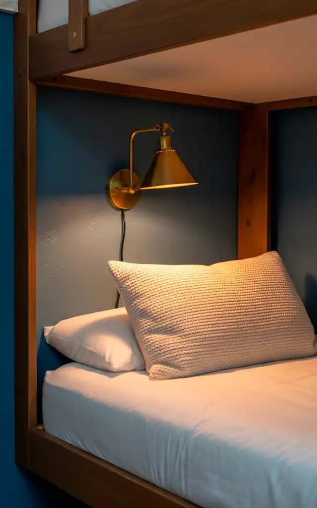 1 a vertical realistic shot of a brass swing arm wall sconce mounted on a blue wall inside a bunk bed nook 01 filled