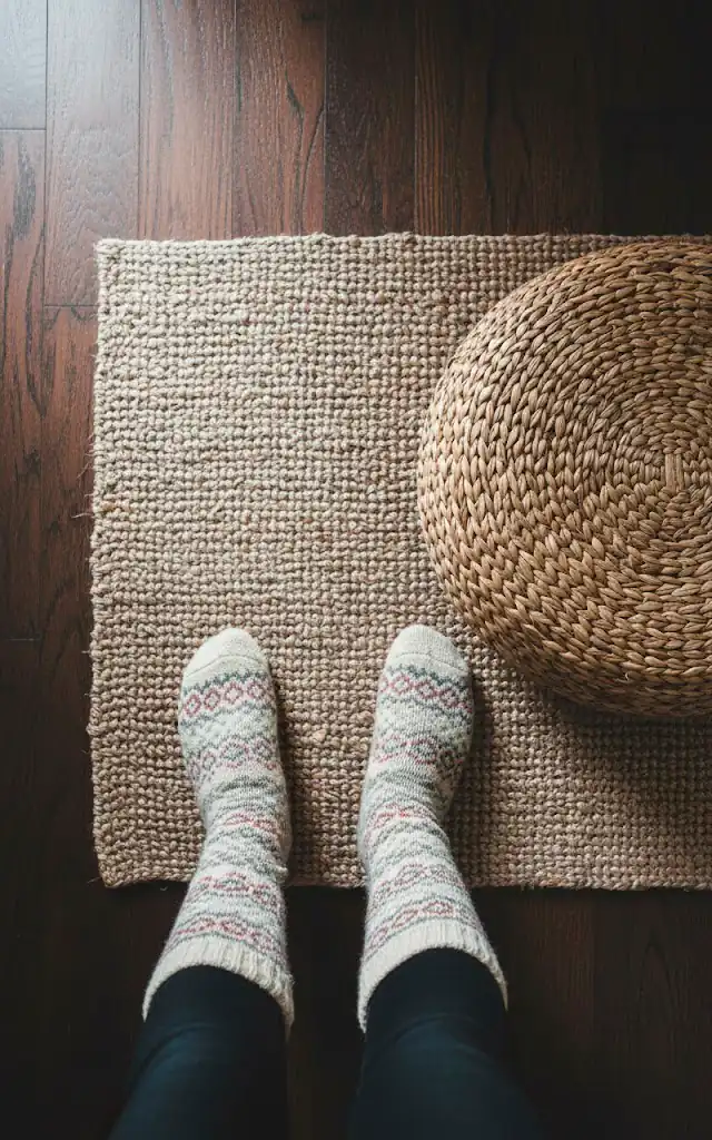 1 a vertical shot looking down at a textured jute rug on a dark wooden floor a pair of feet in wool socks a 01 filled