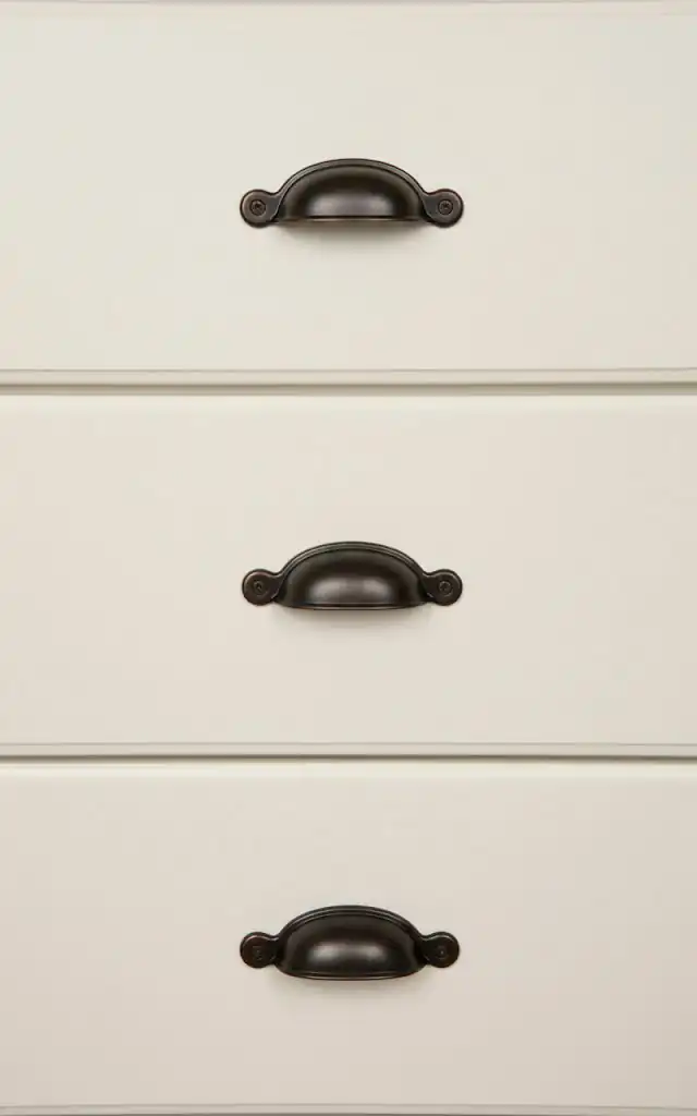 1 vertical close up of kitchen cabinet drawers the drawers are painted a soft cream color and feature dark 01 filled