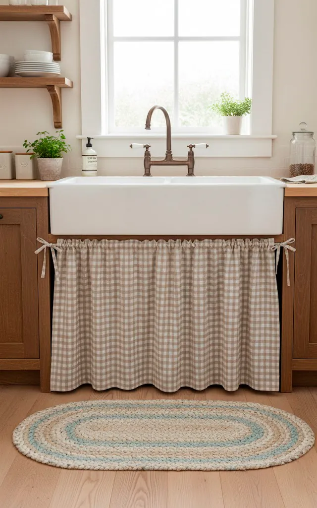 2 a kitchen scene focusing on a farmhouse sink a beige and white gingham curtain hangs below the sink skirt 01 filled 640x1024