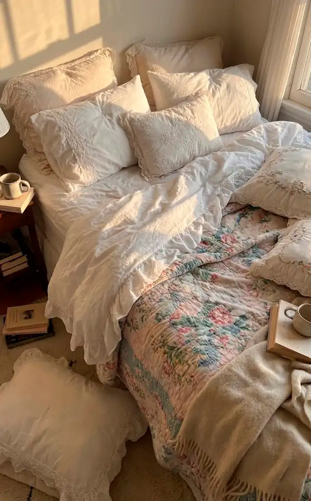 2 a messy unmade bed with layers of inviting bedding a white ruffled duvet cover is layered with a faded fl 01 filled