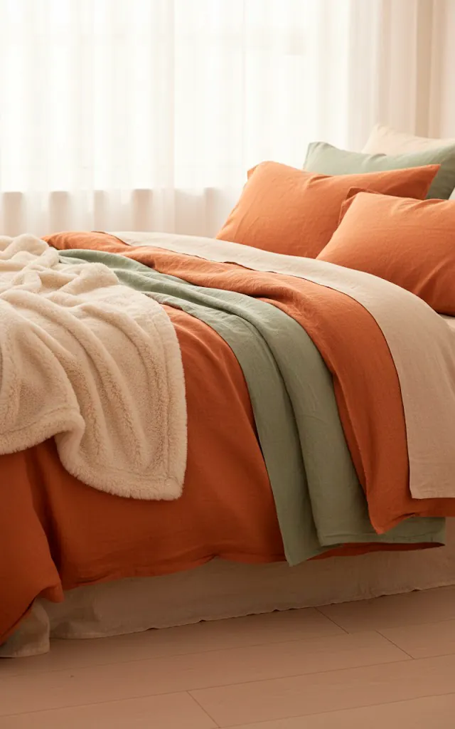 2 a side view of a bed showing layers of linen sheets in earthy tones terracotta and sage green a faux fur 01 filled 640x1024
