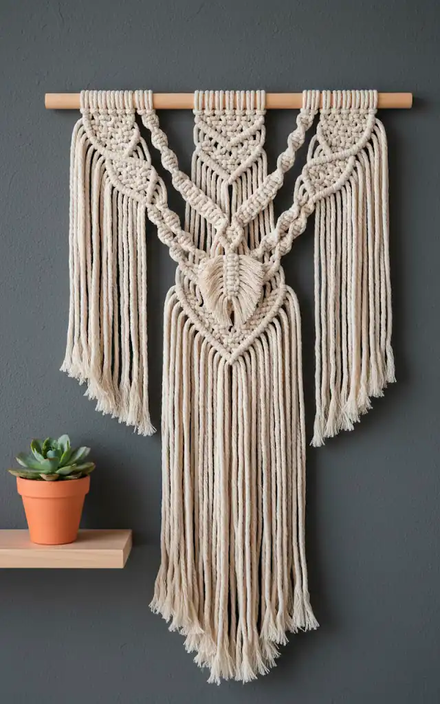 2 a vertical close up of a macrame wall hanging the intricate knots and fringe are visible it hangs against 01 filled