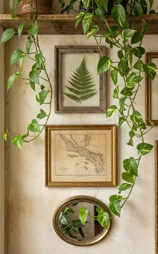 2 a vertical detail shot of a gallery wall focusing on three specific frames one frame contains a pressed f 01 filled