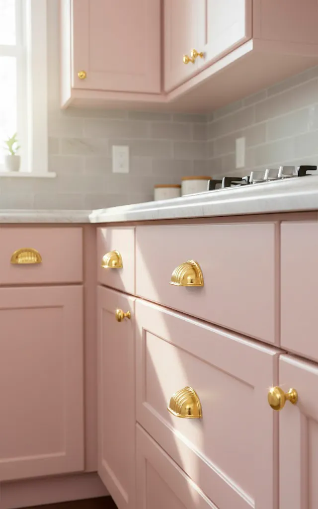 2 vertical realistic photo of pink kitchen cupboards with vintage gold brass shell shaped cup pulls sunligh 01 filled 640x1024