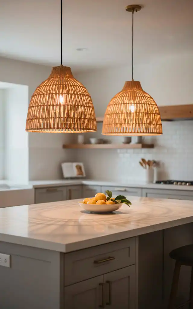 2 vertical shot of a kitchen island illuminated by two hanging pendant lights made of woven rattan the ligh 01 filled
