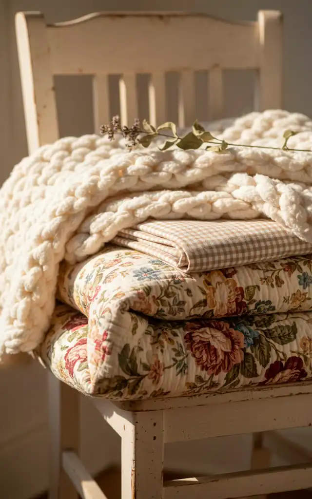 3 a detail shot of a stack of folded blankets on a wooden chair top layer is a chunky knit throw middle is 01 filled