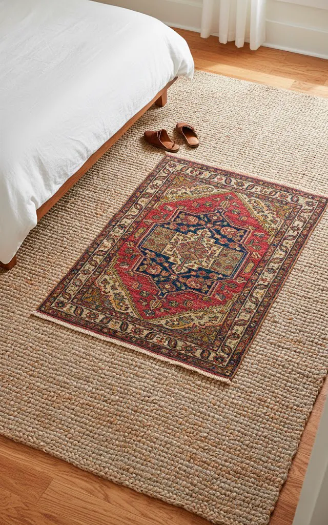 3 a high angle shot of a bedroom floor showing a large rectangular natural jute rug a smaller colorful vint 01 filled 640x1024