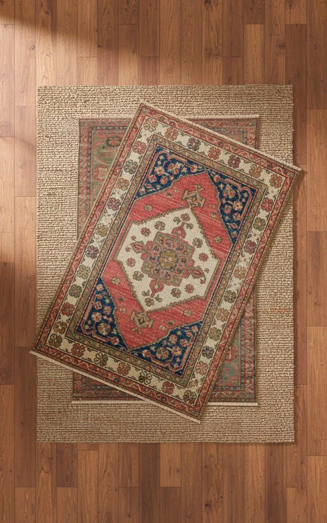 3 a top down shot of layered rugs on a wooden floor a large coarse textured jute rug serves as the base a s 01 filled 640x1024