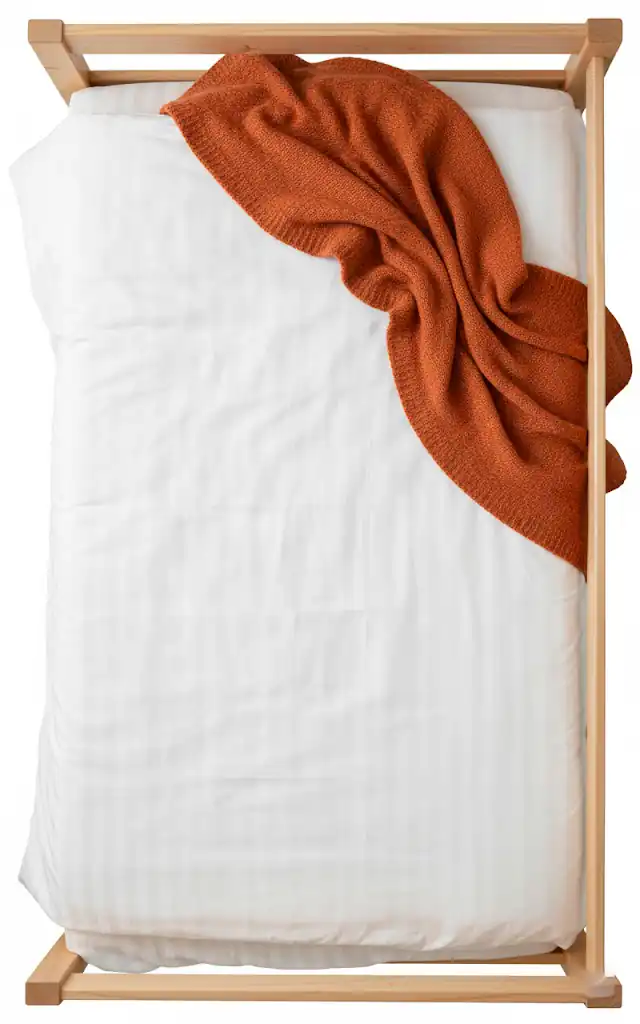 3 a vertical realistic overhead shot of a bunk bed mattress dressed in crisp white striped bedding with a t 01 filled