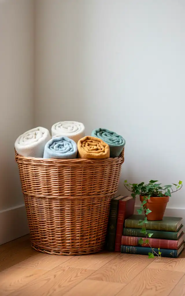 3 a vertical shot of a corner of a room featuring a large wicker hamper filled with blankets next to it is 01 filled