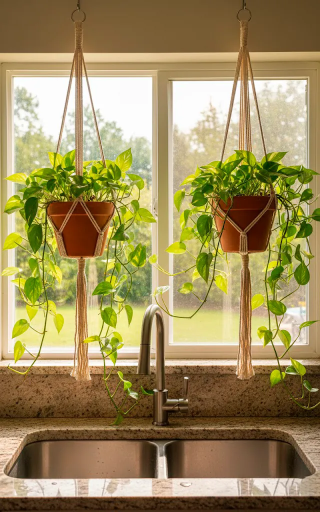 3 vertical realistic photo of a kitchen window with two macram plant hangers holding lush green pothos plan 01 filled 640x1024