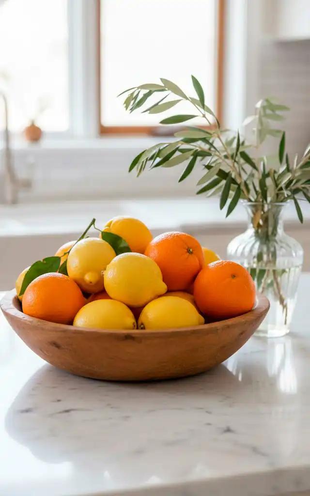 3 vertical shot of a large shallow wooden bowl filled with bright yellow lemons and oranges sitting on a ma 01 filled