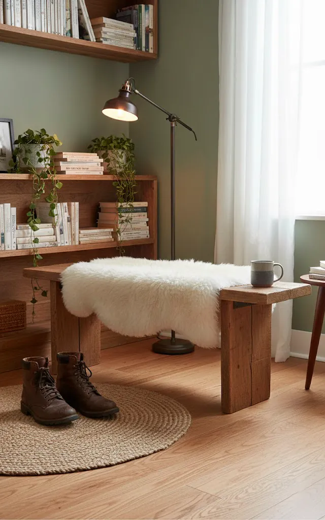 4 a cozy reading corner a white faux sheepskin rug is draped over a wooden bench a pair of leather boots si 01 filled 640x1024