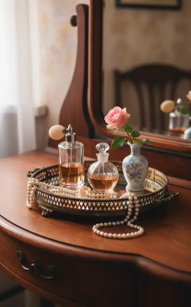 4 a detail shot of a vintage vanity table surface it is cluttered beautifully with an antique mirror tray v 01 filled