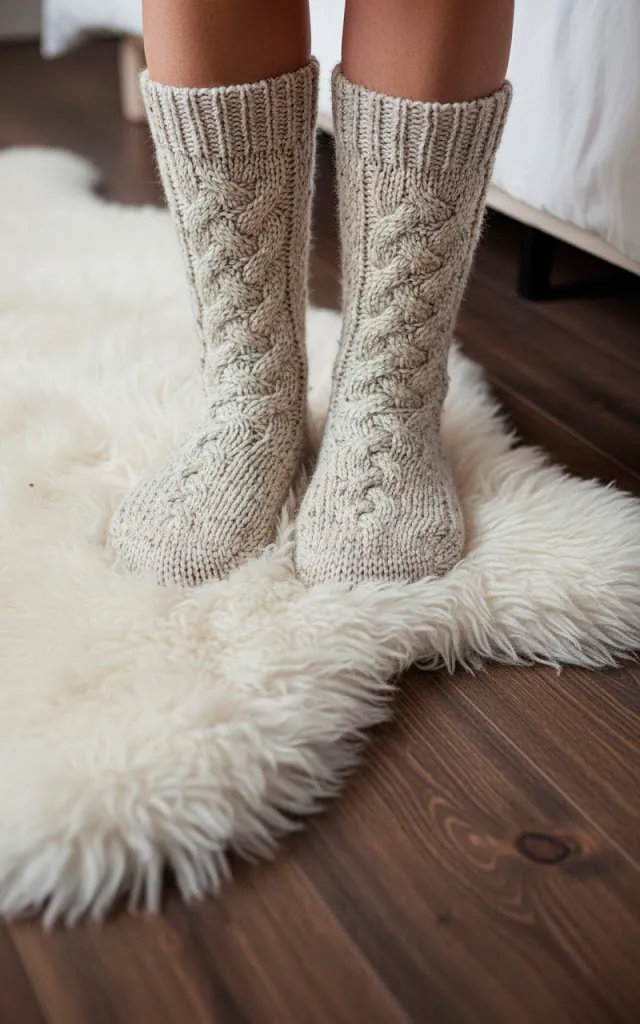 4 a detail shot of a white faux sheepskin rug placed on a dark wooden floor next to a bed a pair of cozy kn 01 filled 640x1024