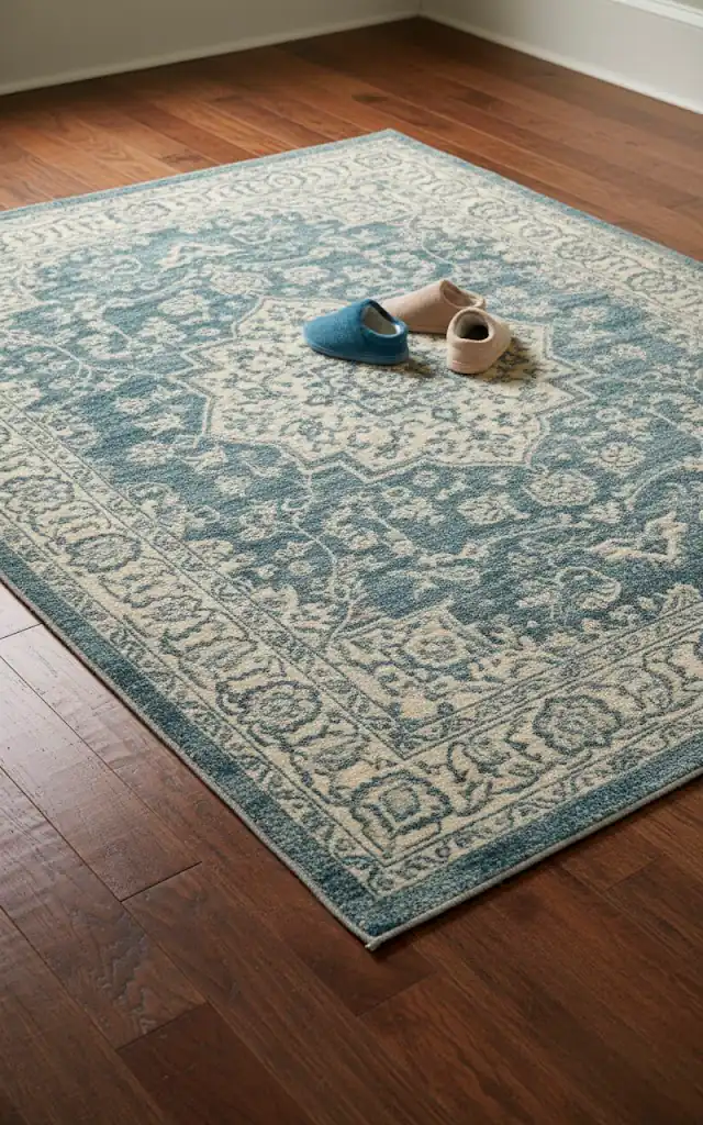4 a vertical realistic shot of a vintage style blue and beige area rug on a wooden floor a pair of kid s sl 01 filled