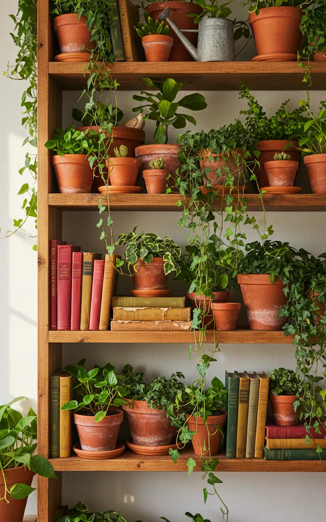 4 vertical realistic photo of open wooden shelving in a kitchen filled with terracotta pots trailing ivy an 01 filled 640x1024