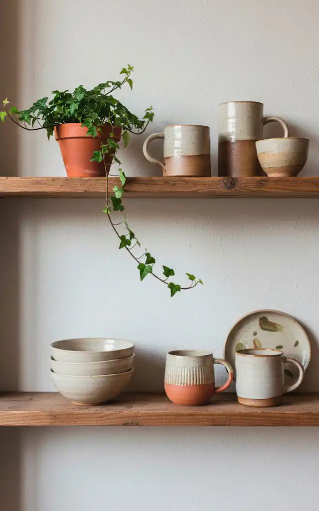 4 vertical shelfie shot two open wooden shelves display a collection of mismatched cream and earth toned ce 01 filled