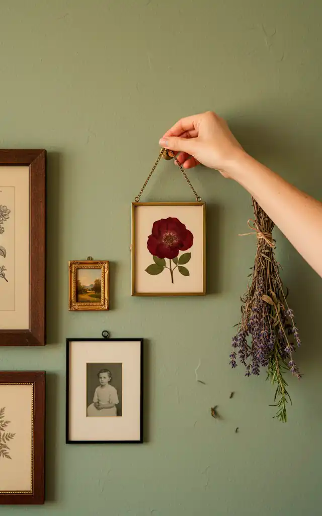5 a shot of a person s hand hanging a small brass frame containing a pressed flower onto a wall the wall al 01 filled