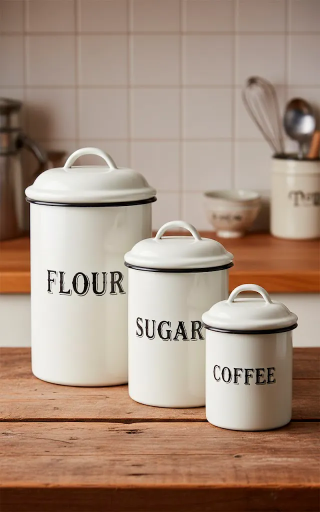 5 vertical realistic photo of a set of white enamel canisters labeled flour sugar and coffee in black vinta 01 filled 640x1024