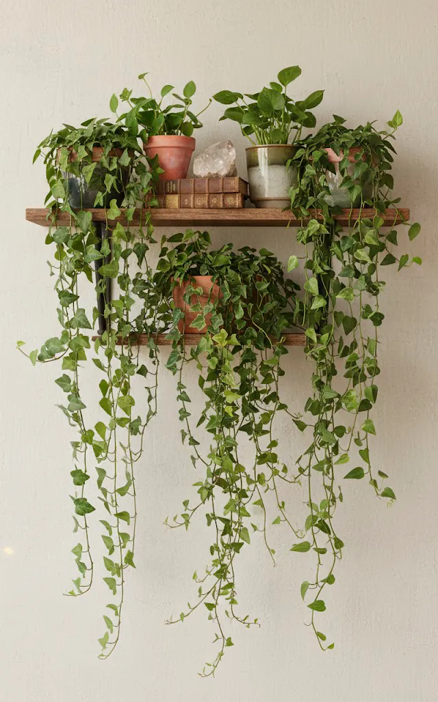 6 a shelf mounted high on a wall with trailing ivy and pothos plants cascading down a few vintage books and 01 filled 640x1024
