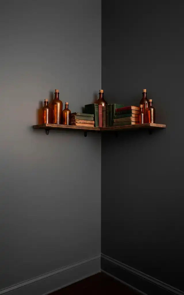 6 a vertical shot of a corner of a room painted in matte charcoal grey a wooden shelf holds amber glass bot 01 filled