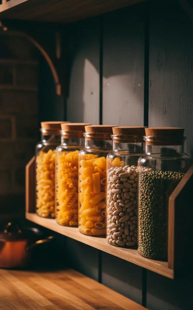 6 vertical realistic photo of amber glass jars with cork lids arranged on a spice rack the jars are filled 01 filled 640x1024