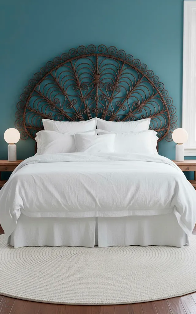 7 a straight on view of a bed featuring a decorative peacock style rattan headboard the bedding is white li 01 filled 640x1024