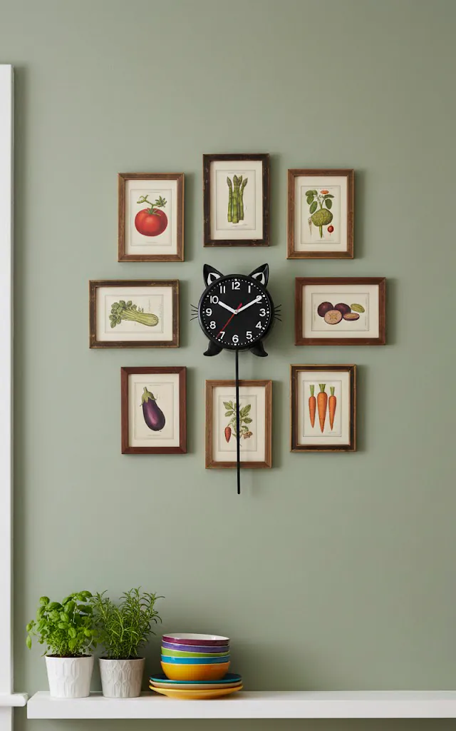 7 vertical realistic photo of a kitchen wall painted sage green featuring a classic black kit cat klock wit 01 filled 640x1024