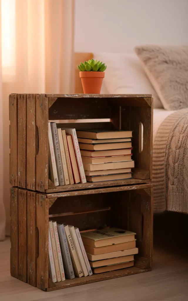 8 a bedside setup using two stacked rustic wooden crates as a nightstand the crates are filled with books a 01 filled 640x1024