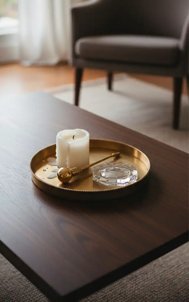 8 a vertical shot of a styled coffee table a brass decorative tray holds a candle a gold match snuffer and 01 filled