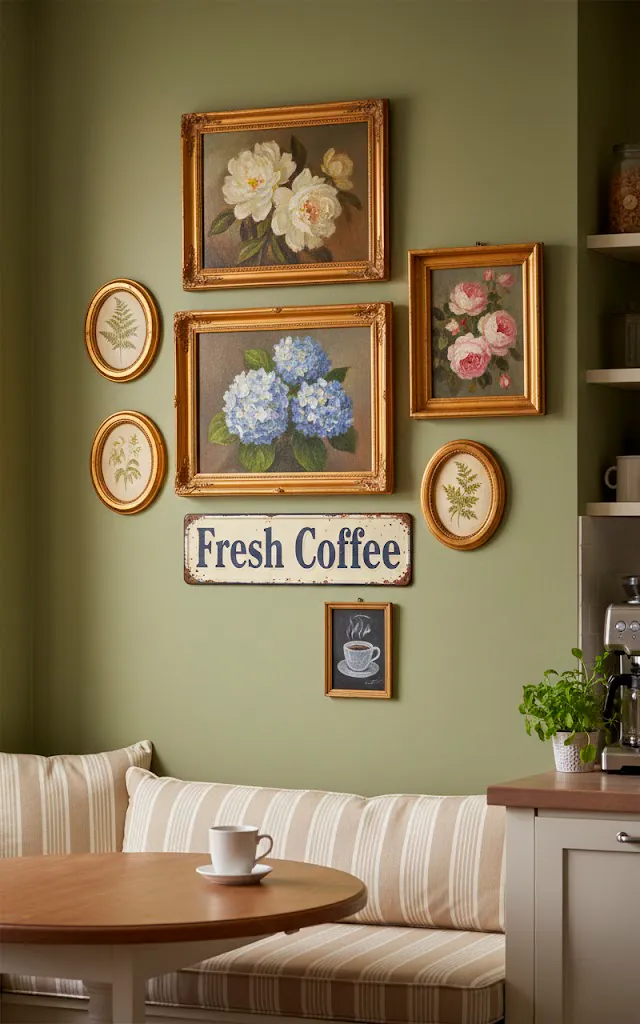 8 vertical realistic photo of a small gallery wall in a kitchen breakfast nook includes a mix of floral oil 01 filled 640x1024