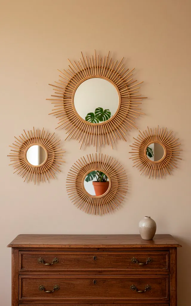 9 a wall decorated with three different sizes of rattan sunburst mirrors they are arranged artistically abo 01 filled 640x1024