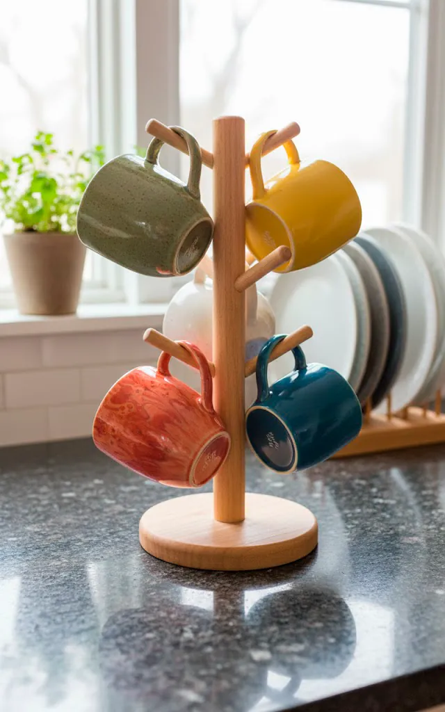 9 vertical realistic photo of a wooden mug tree on a counter holding an assortment of mismatched colorful c 01 filled 640x1024