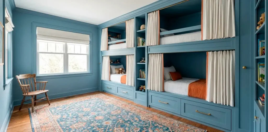a photorealistic, horizontal wide angle shot of a transitional style shared boys' bedroom filled