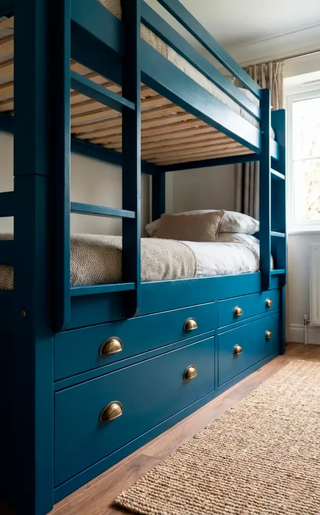 a vertical realistic close up of a small wooden floating shelf installed inside the bunk bed nook filled