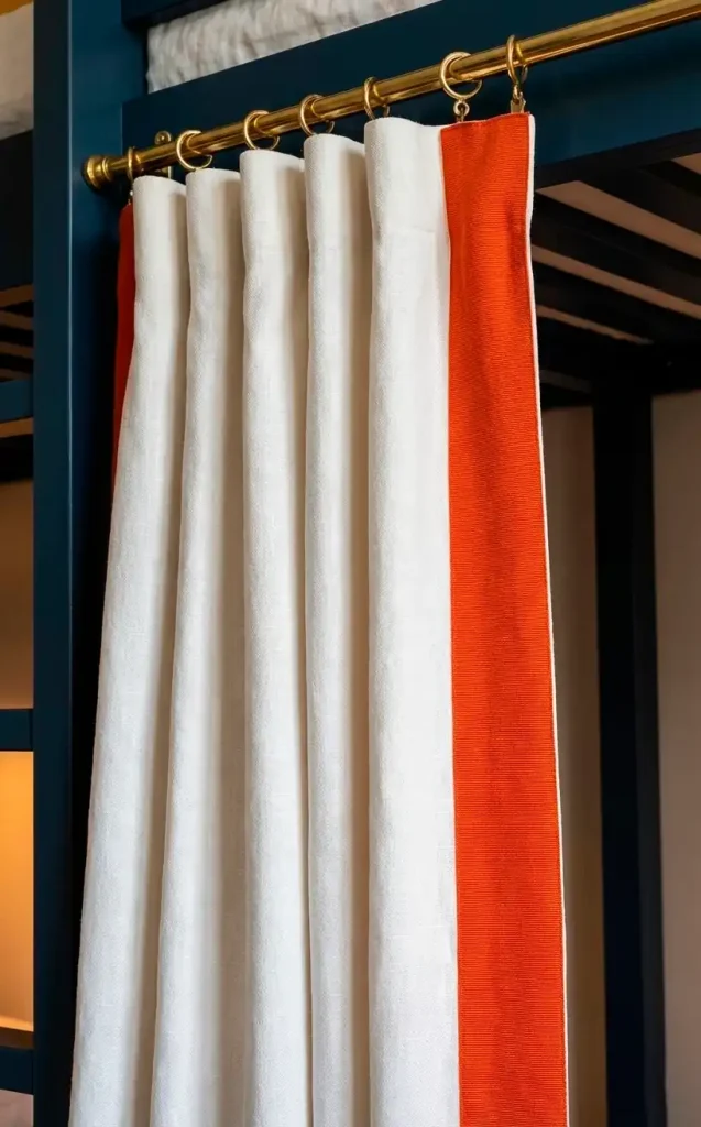 a vertical realistic close up of a white linen curtain hanging from a brass track on a blue bunk bed filled