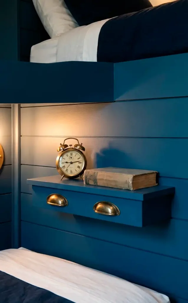 a vertical realistic shot of large storage drawers underneath a blue bunk bed filled