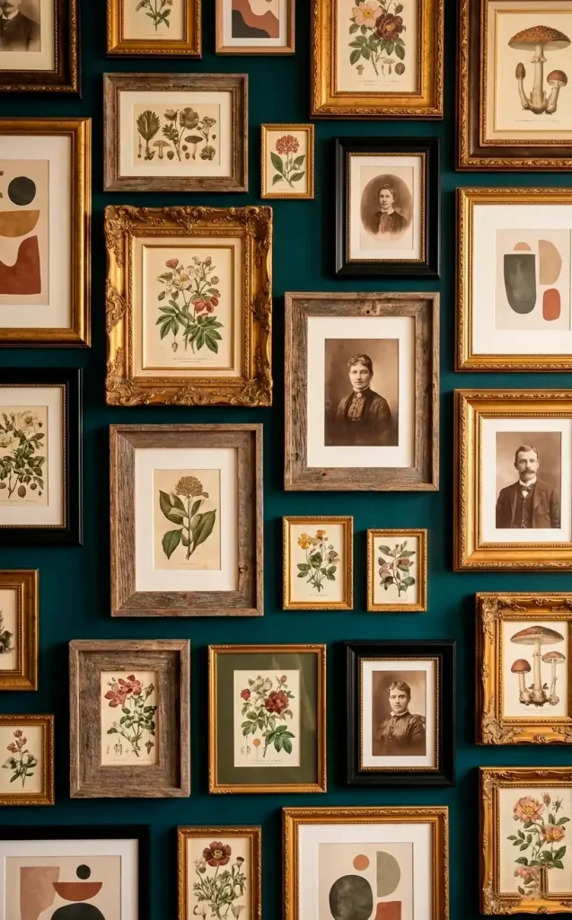 a vertical shot of a dark teal wall covered floor to ceiling in mismatched picture frames filled