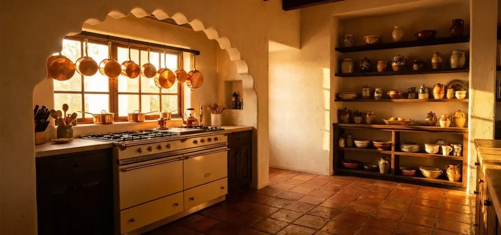a wide, cinematic shot of a warm, sun drenched spanish style kitchen filled